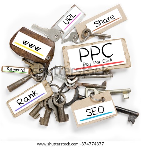 Photo of key bunch and paper tags with PPC conceptual words