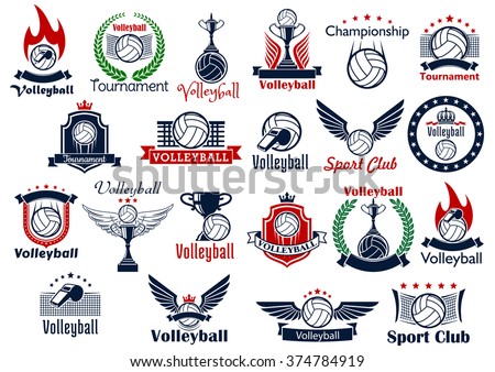 Volleyball sport game icons and symbols. Including many decorative elements as ball, net and whistle, laurel wreath and wings, fire and shield, trophy cup, crown and fire flame