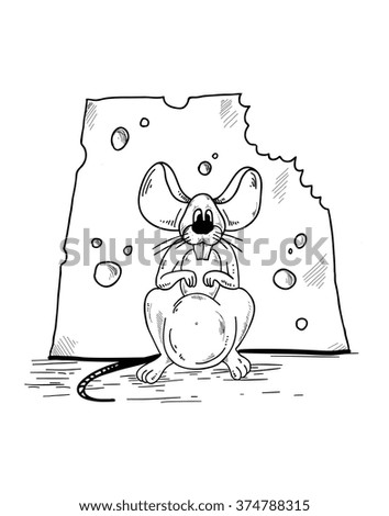 Mouse sits in front of a large piece of cheese. Vector illustration
