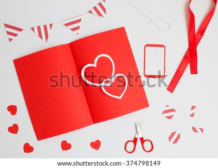 Handmade love card  for valentine day on white background.