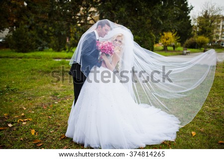 Amazing wedding couple under veil in love
