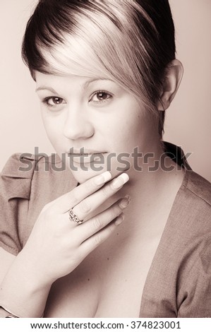 Pic Copper toned  Shot of a Confident Young Office Woman . Plain Wall with Copy Space