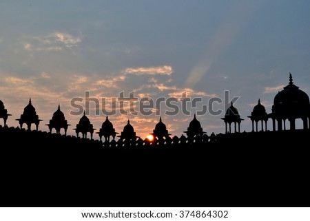 Stunning sunset over Mogul design domes. Rajasthan, India.