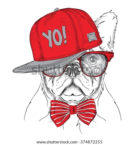 The poster with the image dog portrait in red and grey hip-hop hat. Vector illustration.