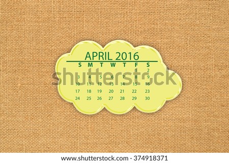 April 2016 Calendar Yellow Thought Cloud Canvas Board Background