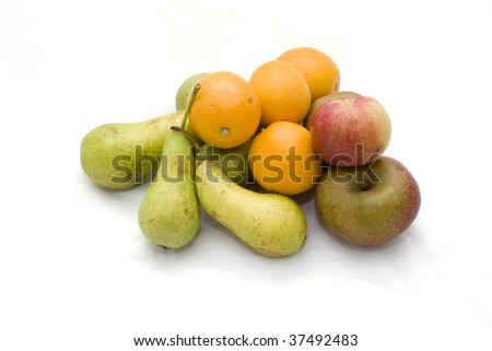 Apple, pear and orange on a white background.