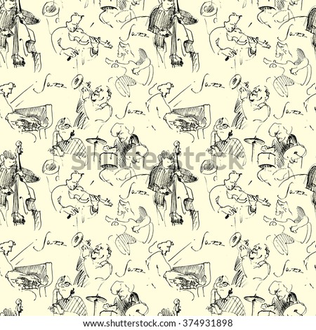 Seamless pattern of the jazz musicians. Vector sketches.
