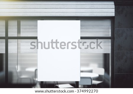 Blank white poster on transparent wall in modern conference office, mock up