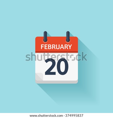February 20. Calendar icon.Vector illustration,flat style.Date,day of month:Sunday,Monday,Tuesday,Wednesday,Thursday,Friday,Saturday.Weekend,red letter day.Calendar for 2017 year.Holidays in February.