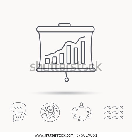 Statistic icon. Presentation board sign. Growth chart symbol. Global connect network, ocean wave and chat dialog icons. Teamwork symbol.