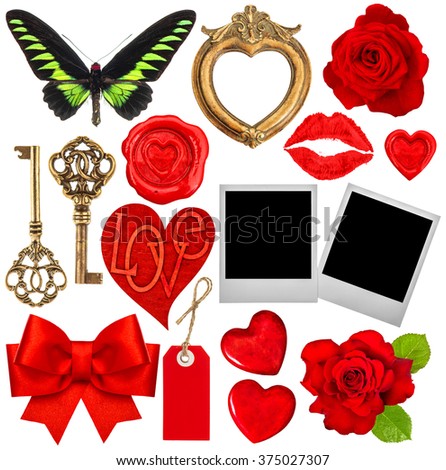 Valentines Day scrapbook. Red hearts, lips kiss, photo frames, rose flower