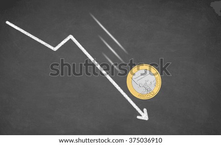 Falling Euro money cash. Arrow falling down. Drawn with white chalk on blackboard