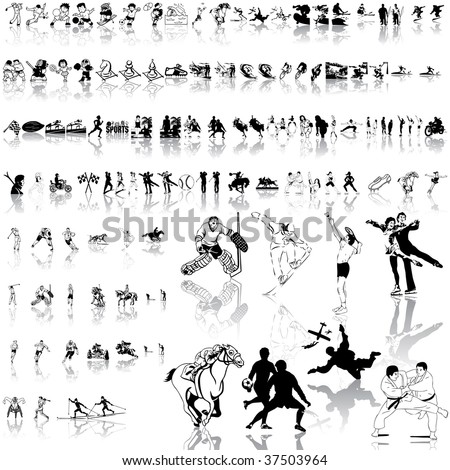 Sport set of black sketch. Part 1. Isolated groups and layers.