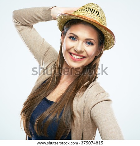 Smiling happy woman casual style dressed with hat. White background isolated.