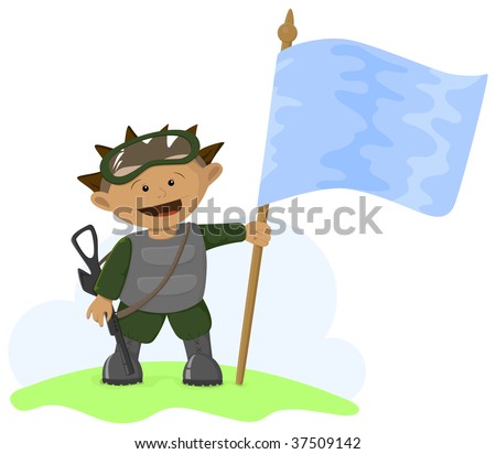 Soldier holds banner flying (colours). Vector image