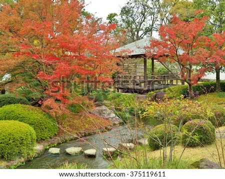 Koko-en Garden in autumn at Himeji, Hyogo Prefecture, Japan. Koko-en Garden is a Japanese garden located next to Himeji Castle.