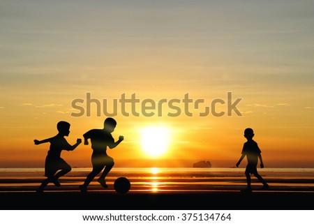 three brothers boys play at sunset.