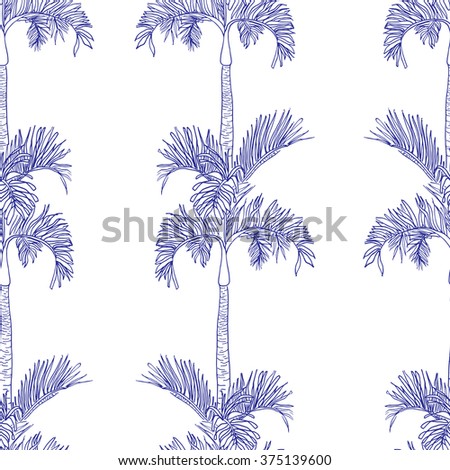 Abstract vector palm watercolor seamless background. Palm background. Tropical desaturated exotic palm print. Indigo dye allover background.