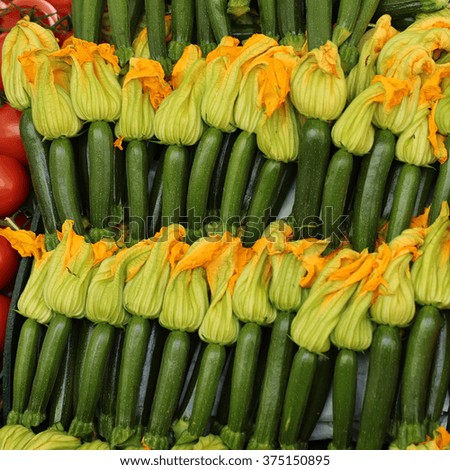 Photo closeup of organic natural fresh ripe regular zucchinis long vegetables with dark green skin and edible yellow flowers summer squash displayed for sale on marrow background, square picture 