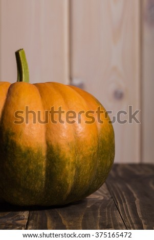 Photo of side section of big round orange squash with stem and green formless blotch on wooden table on white wall background, vertical picture