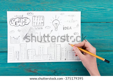 Business concept - hand drawn picture with city view, diagrams and plan structure