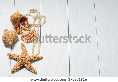 Decor of seashells and sea star close-up on blue wooden table.
Sea objects - shells, sea star, pearls.