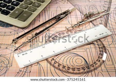 drawing, protractor, ruler, calculator and compasses, selective focus