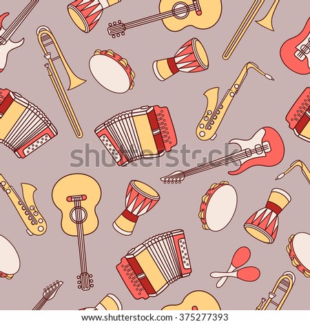 Seamless pattern with musical instruments hand drawn icons. Colorful background, collection of objects. Decorative wallpaper, good for printing.  Design illustration