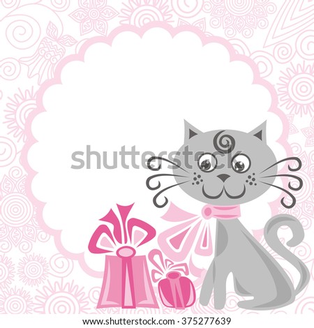 Happy new year card with beautiful cat and gifts vector illustration