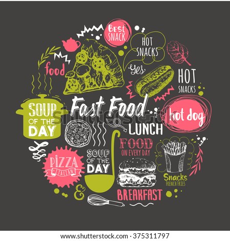 Sketch funny lettering and labels on black background. Round composition with fast food symbols. Multicolor menu pattern. Vector illustration with decorative elements for your packing design.