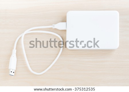 White external hard drive for backup and storage data on nature wood background