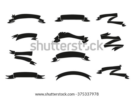 Doodle black silhouette ribbons banner vector collection. Hand-drawn ribbons set.