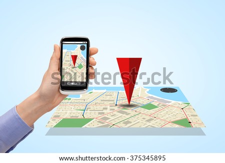 people, technology, navigation and media concept - close up of woman hand with smartphone with gps navigator map