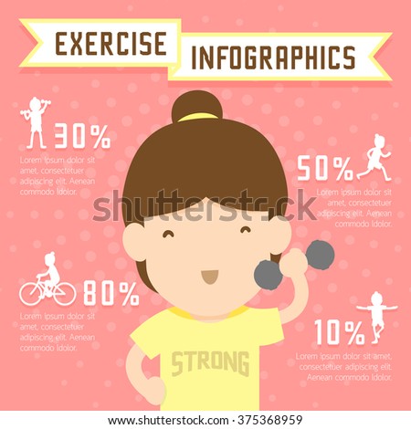 Woman exercise infographics run, weight training, bicycle and yoga isolated on pink background