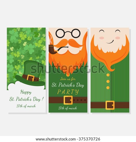 Vector modern flat card design with Saint Patrick's Day symbols -  leprechauns, green hat, red beards, seamless pattern with clover. Vector holiday badge design. 