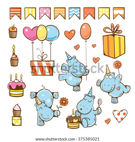 Birthday cartoon set. Cute hippopotamuses, gifts, cake, candle, balloon and candy. Vector illustration.