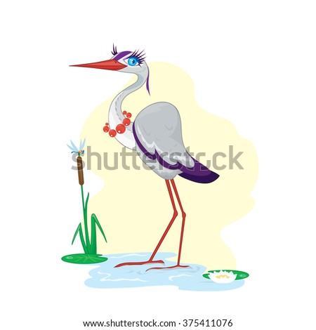 Vector illustration of cartoon sweet gray heron. Clip art. 