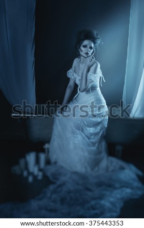 full body beautiful girl ghost, witch, bride sitting on a vintage copper bath with a white canopy, in a long white dress with vintage high vinazhnoy hairdo. Studyai shot