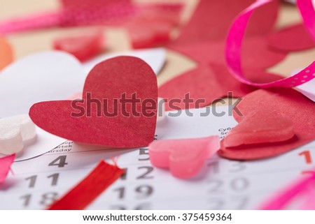 hearts on Valentine's Day on the calendar