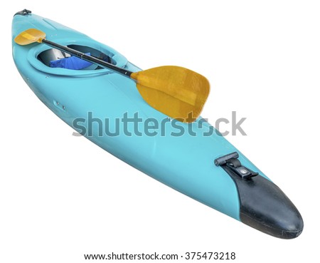 blue plastic old whitewater kayak with a paddle, isolated on white with clipping path Royalty-Free Stock Photo #375473218