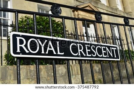 View of a Street Sign outside Terraced Town Houses on the Landmark Georgian Era Royal Crescent in the City of Bath in Somerset England