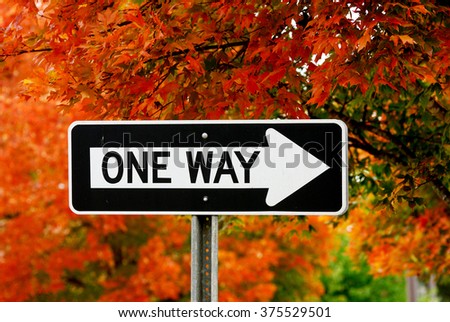 one way sign against autumn color trees