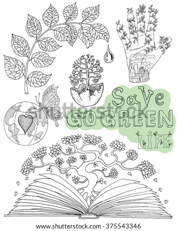 Ecology doodle drawing with human hand, tree in book, butterfly, leaves and Earth globe with heart.  Hand drawn line art symbols and illustrations, green world concept, environment protection theme
