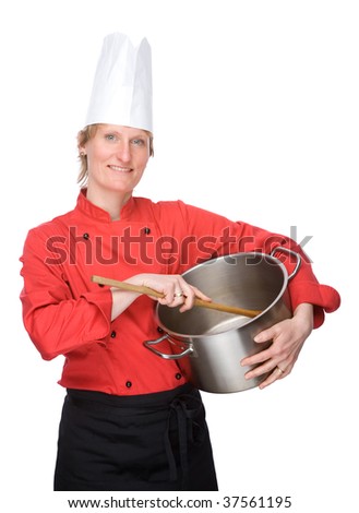 Full isolated studio picture from a young cook with big cooking pot