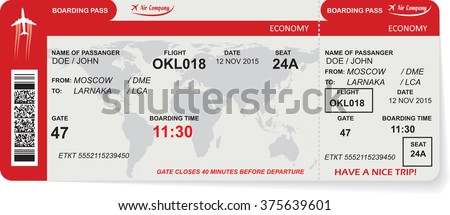 Pattern of airline boarding pass ticket with QR2 code. Concept of travel, journey or business. Isolated on white. Vector illustration Royalty-Free Stock Photo #375639601
