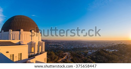 Panoramic view of Los Angeles downtown skyline viewed from Griffith Observatory. Royalty-Free Stock Photo #375658447