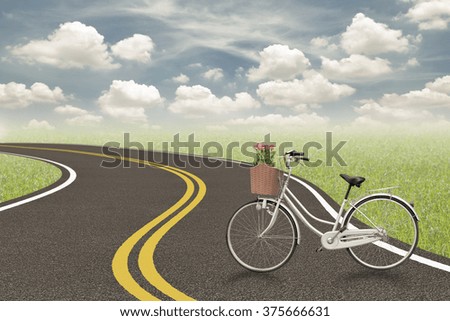 Bicycle and rose in basket on the road , love concept