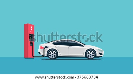 Flat vector illustration of a red electric car charging at the charger station. Electromobility e-motion concept. 