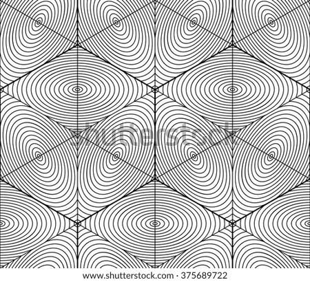 Contrast black and white symmetric seamless pattern with interweave figures. Continuous geometric 3d composition, for use in graphic design.
