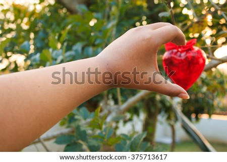 Women hand in heart form love Red heart hanging on tree
